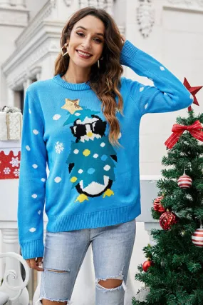 Natale Pinguino Blu Lavorato A Maglia Pullover Maglione